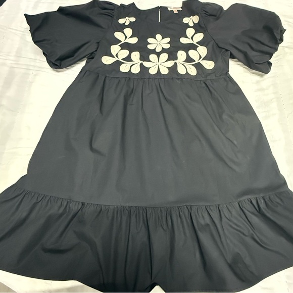 Black and White Embellished Midi Sundress with Puff Sleeves - Picture 1 of 4